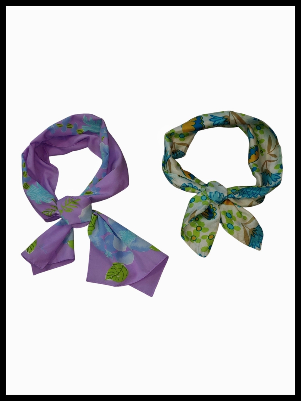 Vintage Pair of Floral Silk Neck Scarves - Lavender, Green, Blue - Picture 1 of 3